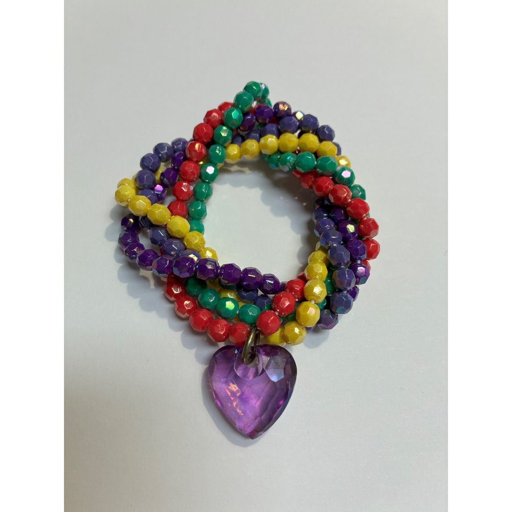 Multicolor Beaded Stretch Bracelet Purple Heart Charm Kidcore 80s 90s Aesthetic